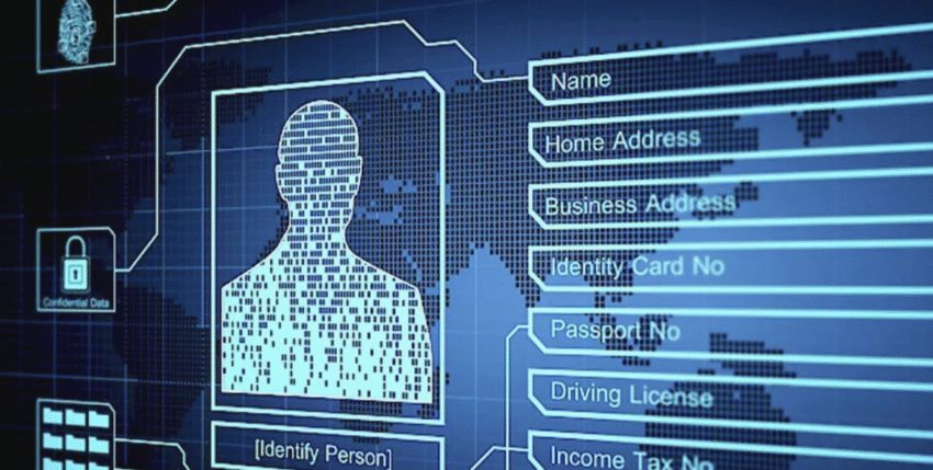 Digital identity profile with fingerprint and personal information fields on a futuristic blue interface.